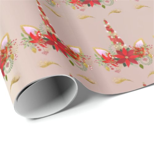 Unicorn Christmas Holidays Floral Rose Gold Red Wrapping Paper