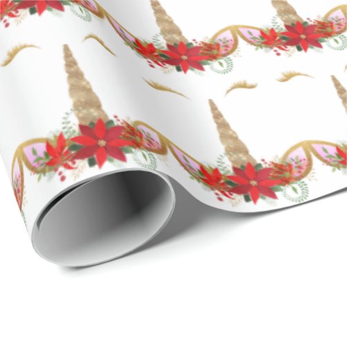 Unicorn Christmas Holidays Floral White Gold Red Wrapping Paper