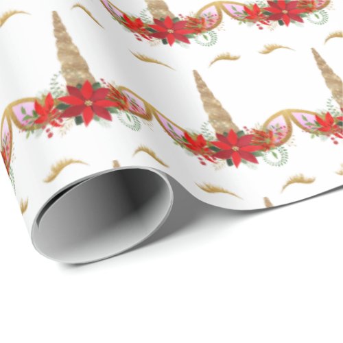 Unicorn Christmas Holidays Floral White Gold Red Wrapping Paper