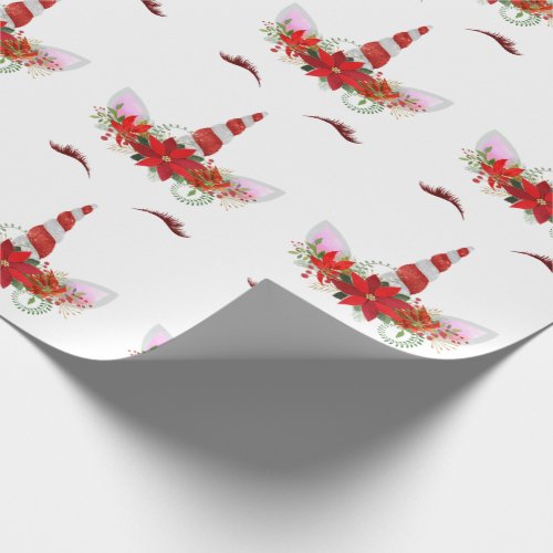 Unicorn Christmas Holidays Floral White Red Gold Wrapping Paper