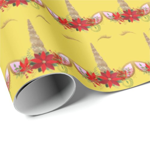 Unicorn Christmas Holidays Floral Yellow Gold Red Wrapping Paper