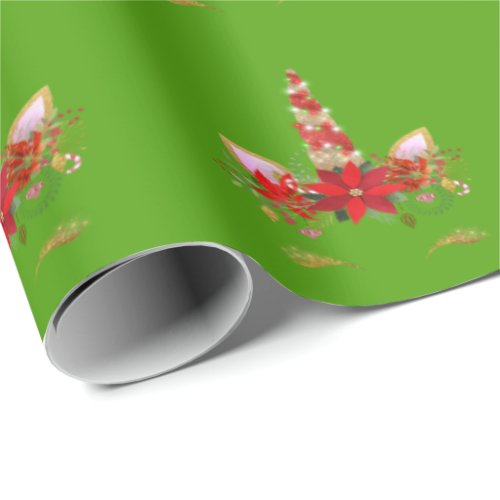 Unicorn Christmas Holidays Green Unicorn Gold Red Wrapping Paper
