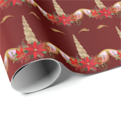 Unicorn Christmas Holidays Lux Glitter Red Gold Wrapping Paper