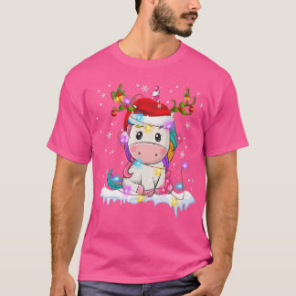 Unicorn Christmas Lights Santa Hat Reindeer Horn C T-Shirt