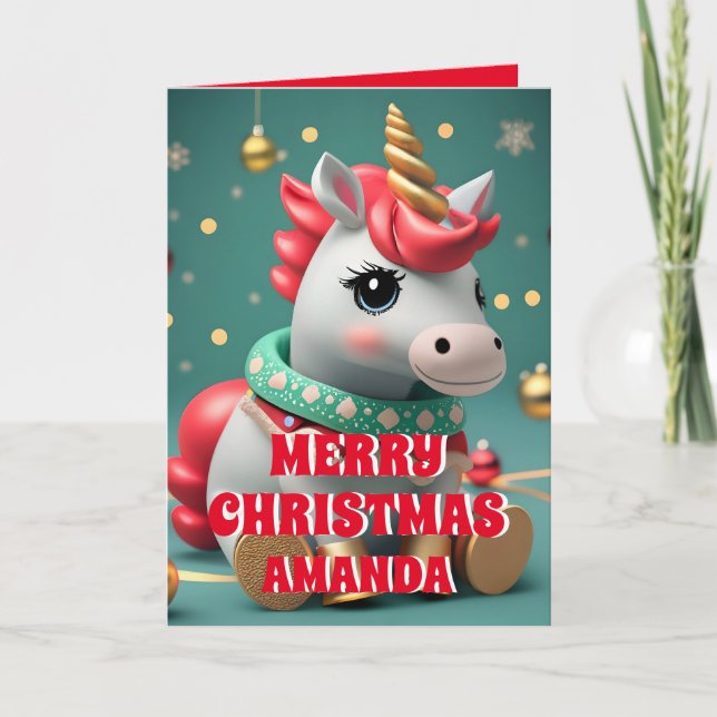 Unicorn Christmas Personalized Kids Holiday Card (Front)