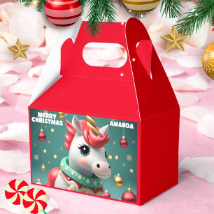 Unicorn Christmas Personalized Kids Party Red Favor Boxes
