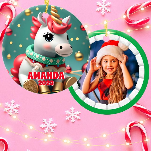 Unicorn Christmas Personalized Kids Photo Ceramic Ornament (Creator Uploaded)