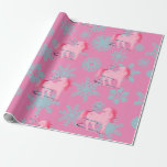 Unicorn Christmas Pink Cute Whimsical Snowflakes Wrapping Paper<br><div class="desc">Pink,  girly and cute. A whimsical Christmas wrapping paper featuring a pink Unicorn in a swirl of blue stars forming a Christmas tree shape.

The Background is a swirl of different shaped blue snowflakes. 

The paper matches a range of pink Unicorn Christmas custom stationary.</div>