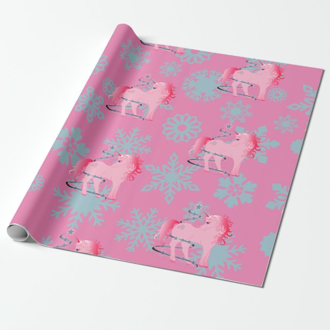Unicorn Christmas Pink Cute Whimsical Snowflakes Wrapping Paper (Unrolled)