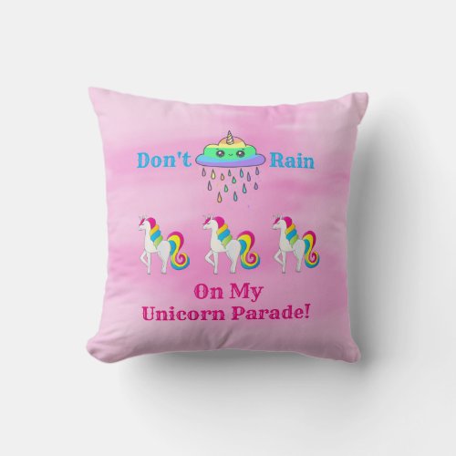 Unicorn Cloud Cartoon Cute Fun Girly Pink Throw Pillow