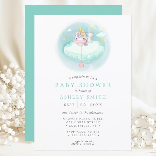 Unicorn Clouds Teal Watercolor Girl Baby Shower Invitation