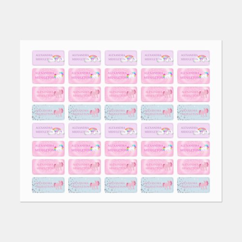 Unicorn Collection School Name Stars Pink Kids Labels