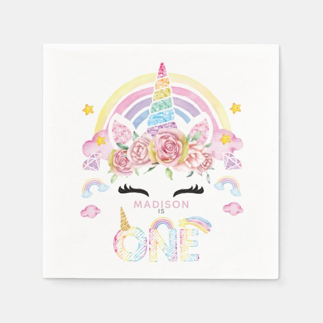 Unicorn Colorful First Birthday Napkins (Front)
