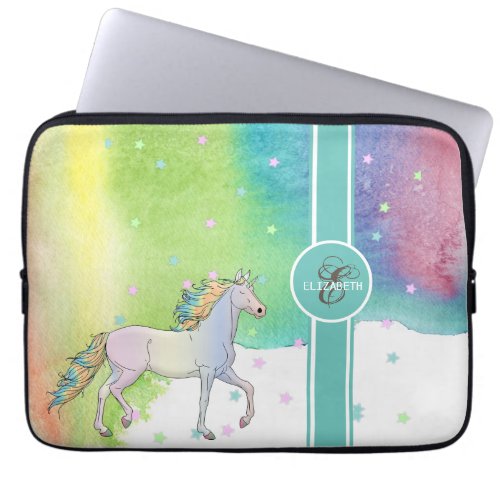 UnicornColorful Stars MonogramWatercolor Splash Laptop Sleeve