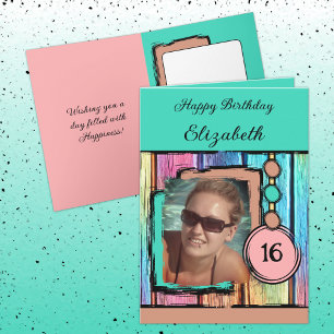 Unicorn colors faux wood add photo 16th birthday card