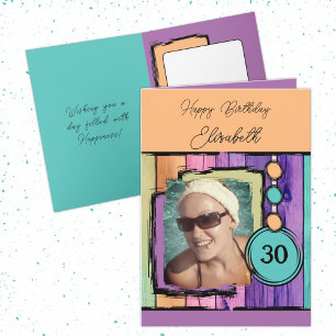Unicorn colors faux wood add photo 30th birthday card