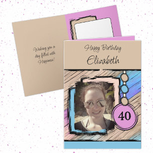 Unicorn colors faux wood add photo 40th birthday card