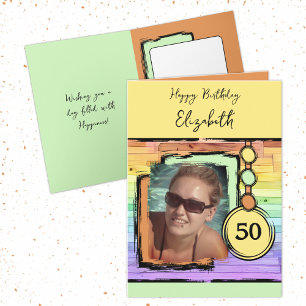 Unicorn colors faux wood add photo 50th birthday card