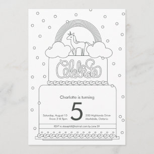 Unicorn Colouring Page Birthday Inviation Invitation
