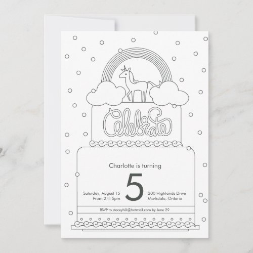 Unicorn Colouring Page Birthday Inviation Invitation