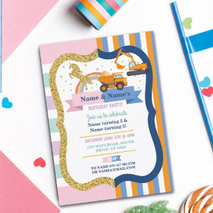 Unicorn & Construction Joint Boy Girl Birthday Invitation