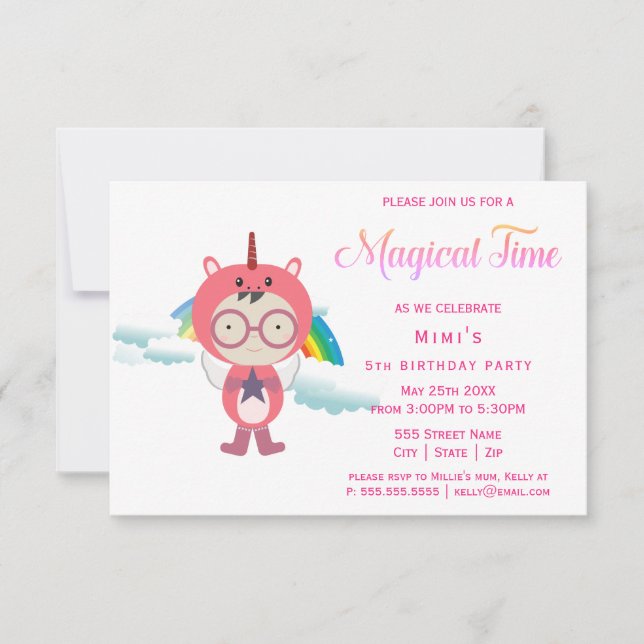 Unicorn costume party invitation (Front)