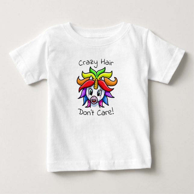 Unicorn Crazy Hair Don't Care Funny Baby T-Shirt (Front)