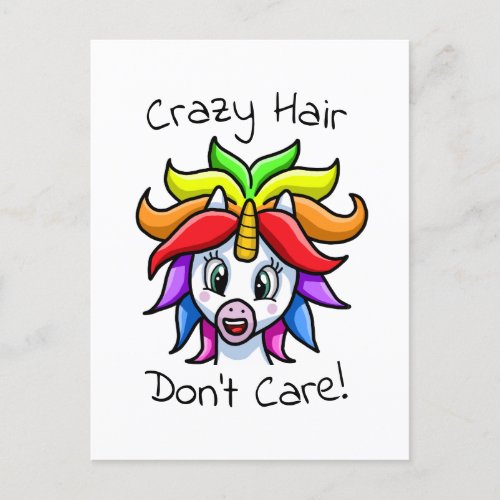 Unicorn Crazy Hair Dont Care Funny Holiday Postcard