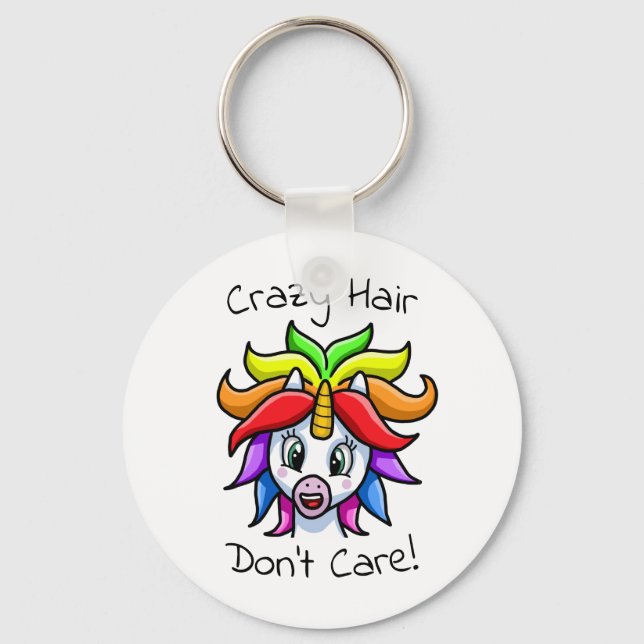 Unicorn Crazy Hair Don't Care Funny Keychain (Front)