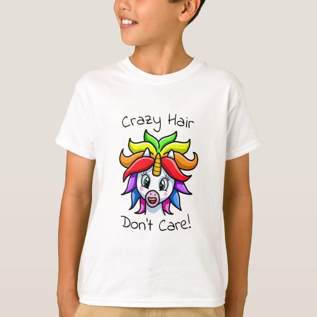 Unicorn Crazy Hair Don't Care Funny T-Shirt (Front)