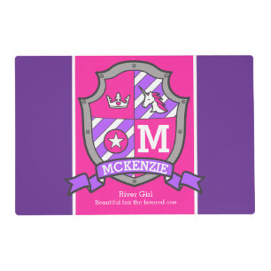 Unicorn crest monogram McKenzie name pink purple Placemat