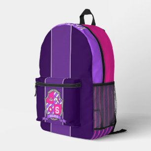 Unicorn crest purple pink stripe custom name printed backpack
