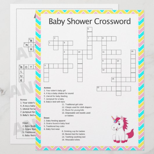 Unicorn Crossword Baby Shower Game (Front/Back)