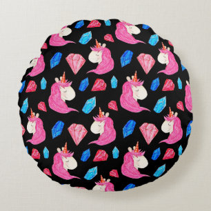 Unicorn, crystals: magical watercolor pattern. round pillow