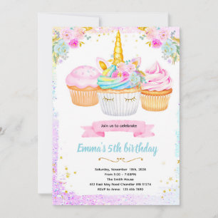 Unicorn cupcake birthday party invitation