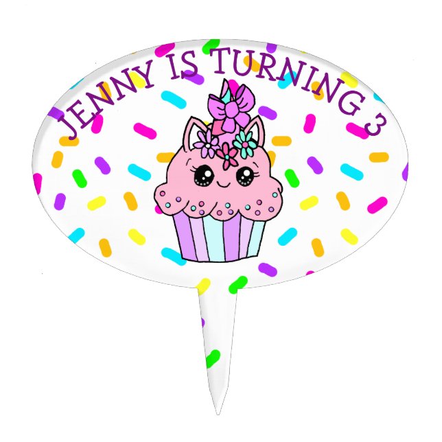 Unicorn Cupcake Candy Sprinkles Girl's Birthday Cake Topper (Front)