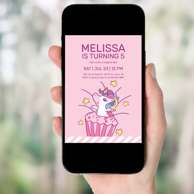 Unicorn Cupcake Pink Kids Birthday Invitation (Front Digital)