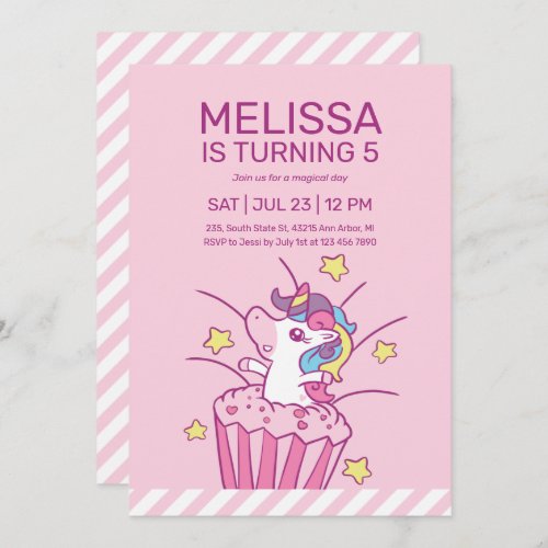 Unicorn Cupcake Pink Kids Birthday Invitation