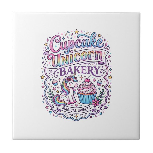 Unicorn Cupcake Unicorn Bakery White Background Pr Ceramic Tile (Front)