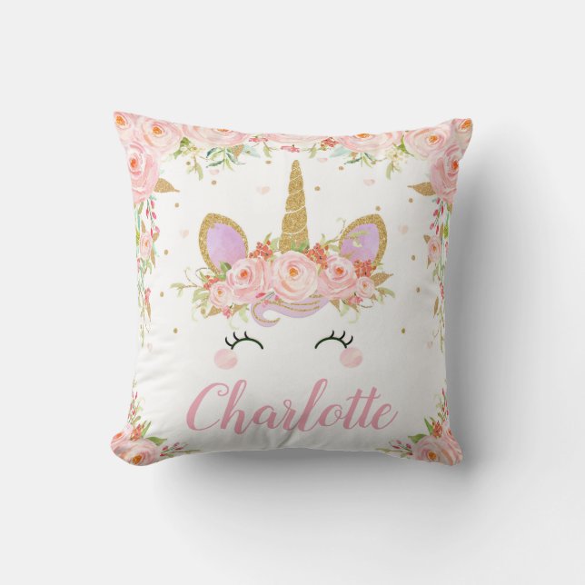 Unicorn Cushion Name Nursery Kids Room Decor Pink (Front)