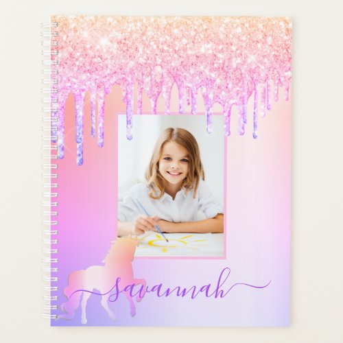 Unicorn custom photo glitter pink holographic planner