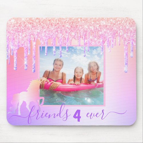 Unicorn custom photo glitter pink sparkle friends mouse pad