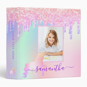 Unicorn custom photo pink holographic 3 ring binder