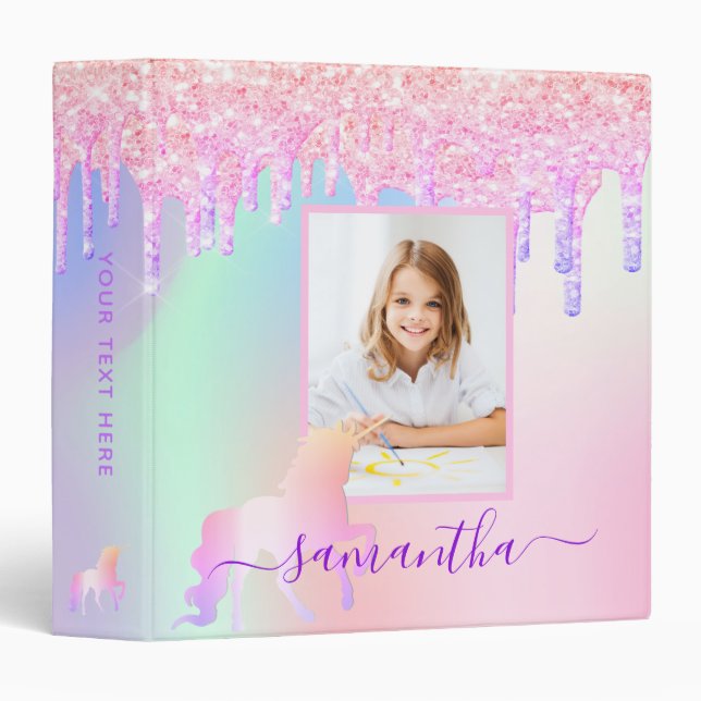 Unicorn custom photo pink holographic 3 ring binder (Front/Spine)