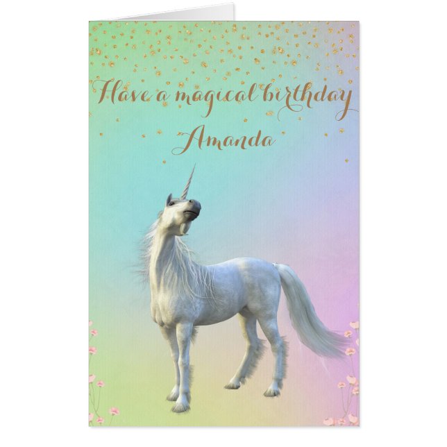 Unicorn Custom Rainbow Confetti Magical Birthday Card (Front)