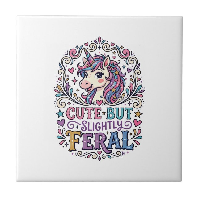 Unicorn Cute but Slightly Feral White Background C Ceramic Tile (Front)