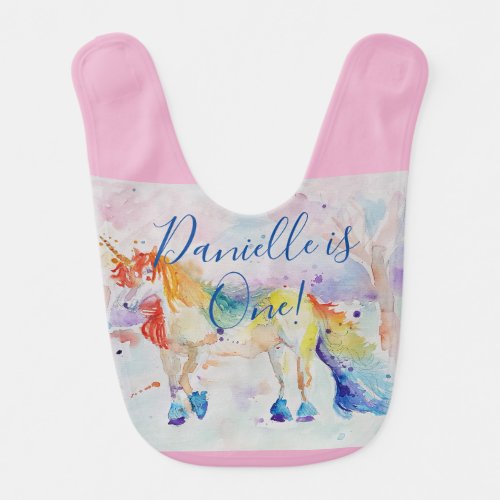 Unicorn Cute First Birthday Pastel Pink Watercolor Baby Bib