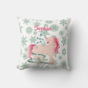 Unicorn Cute Girl Snowflakes Pink Throw Pillow
