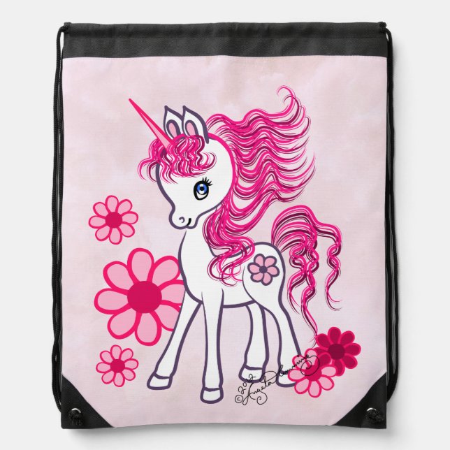 Unicorn Cute Girly Pink Drawstring Bag (Front)