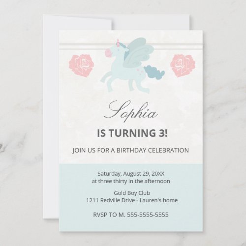Unicorn Cute Pink Blue Birthday Party Invitation